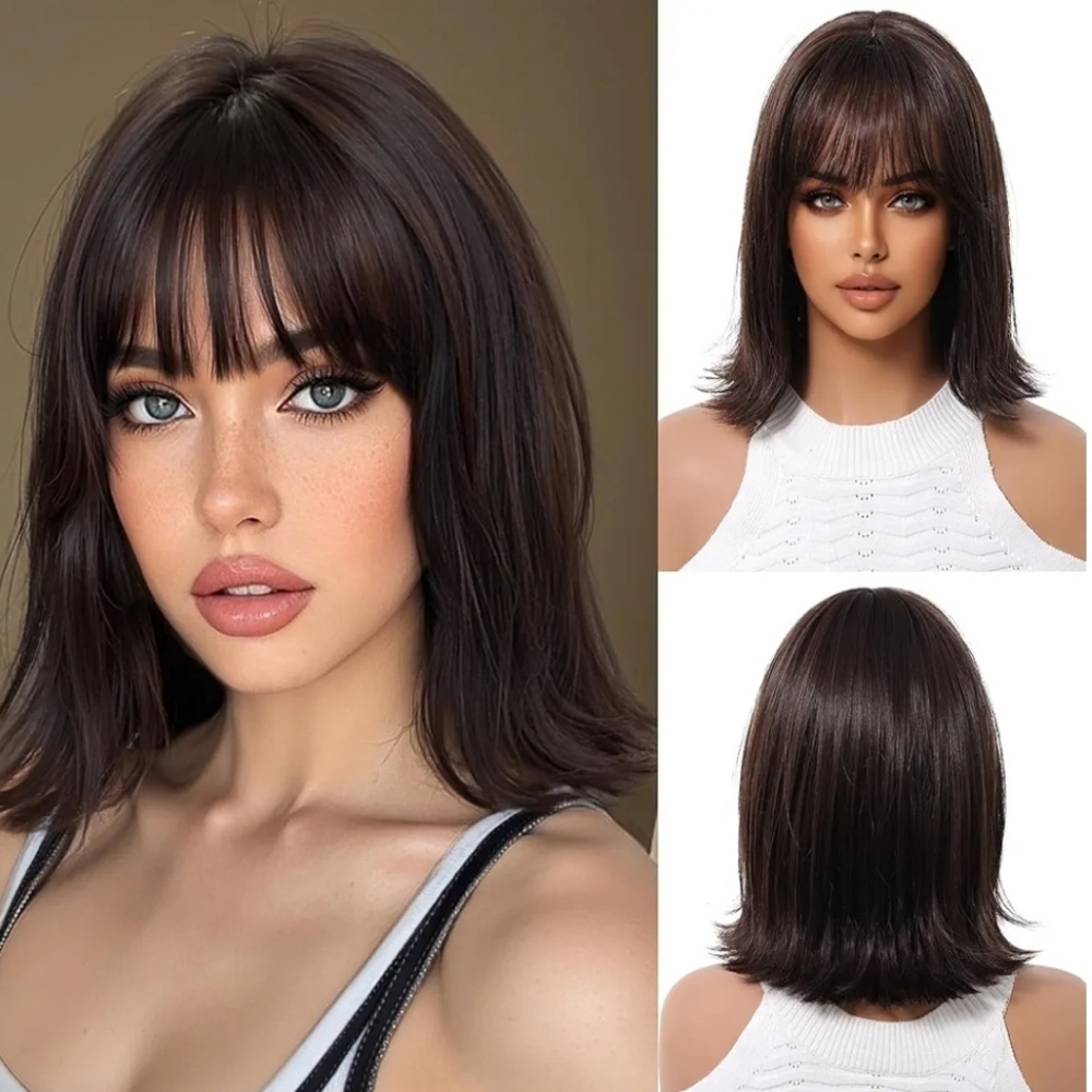 Dark Brown Wig with Bangs Short Straight Bob Natural Synthetic Hair